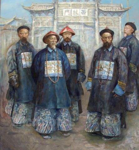 油畫《敕治兩江》,居中者為左宗棠,左二為李鴻章 油畫《敕治兩江》,居中者為左宗棠,左二為李鴻章